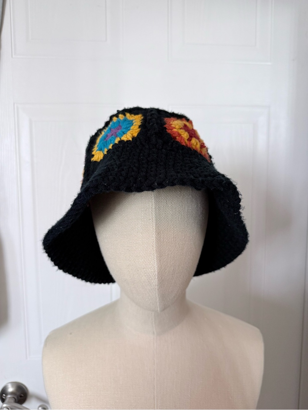 Black Crochet Bucket Hat with Colorful Flower Accents